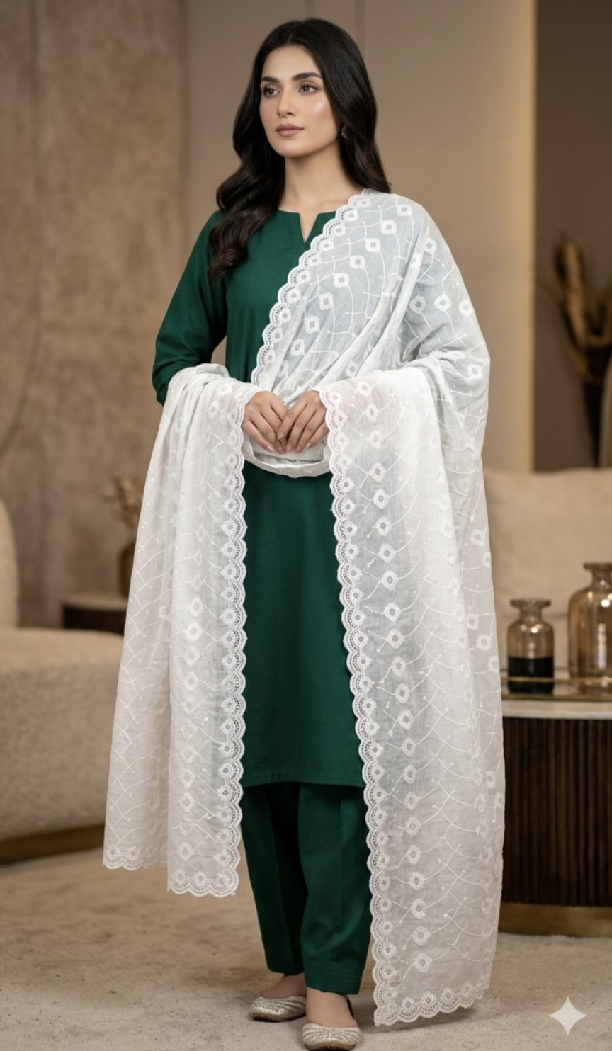 🥳 Sale Sale M-799 . Rs.1490   ( Dc Free) ChickenKari Border Embroidery Pure Summer Lawn Chadder (2.5 meter)